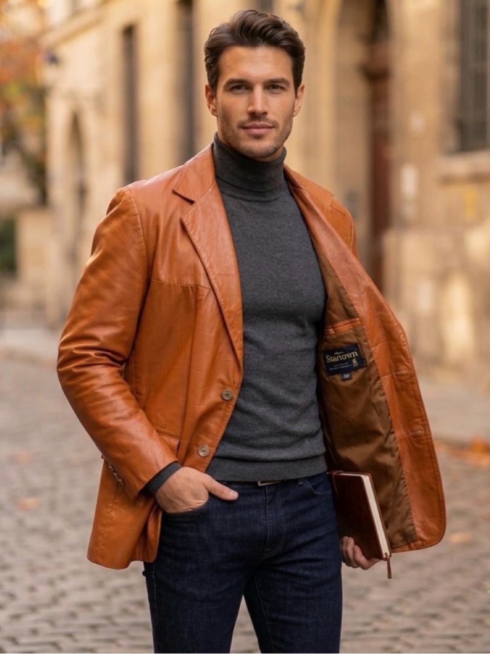Men's Tan Leather Blazer - Classic Casual Tailored Jacket